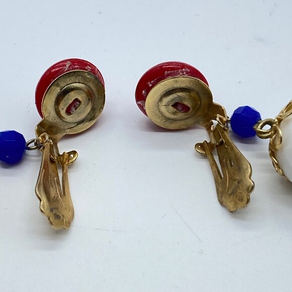 Vintage Hong Kong Red Blue & White Clip-On Dangle Earrings Gold-Tone Filigree - Picture 8 of 9